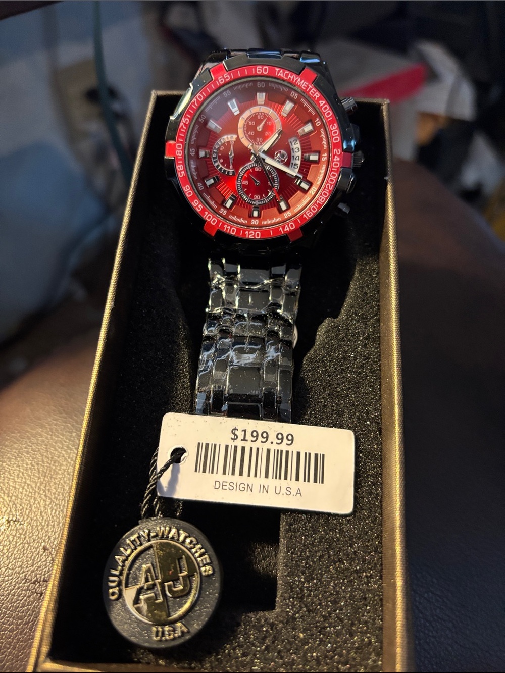 Men's Red Dial Chronograph Watch with Black Metal Bracelet